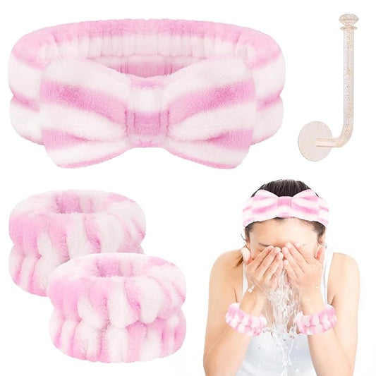 Face Wash Headband and Wristband Set - Microfiber Wristbands with Holder for Face Washing, Spa, Absorbent Wrist Scrunchies