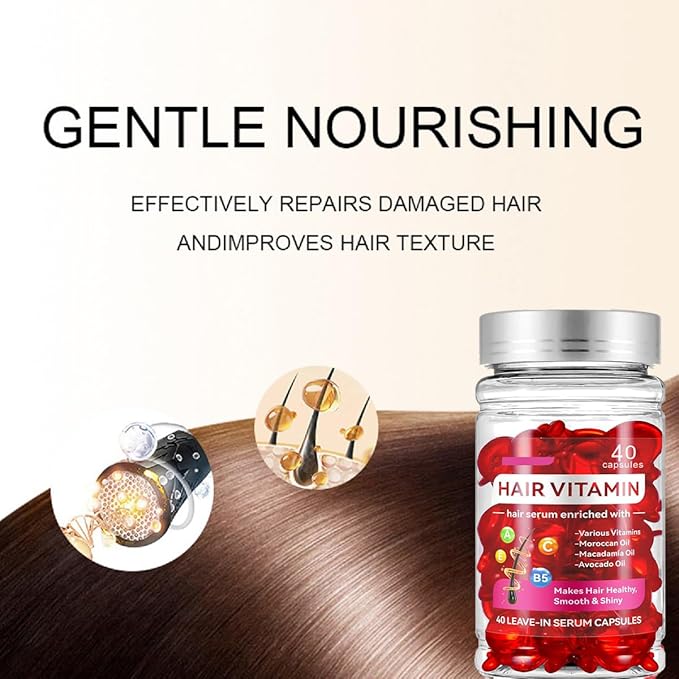 Hair Treatment Serum,Vitamins A C E Pro B5,No Rinse Essence for Frizzy and Dry Damaged Hair,with Argan Avocado & Moroccan Oil (40 Capsules)