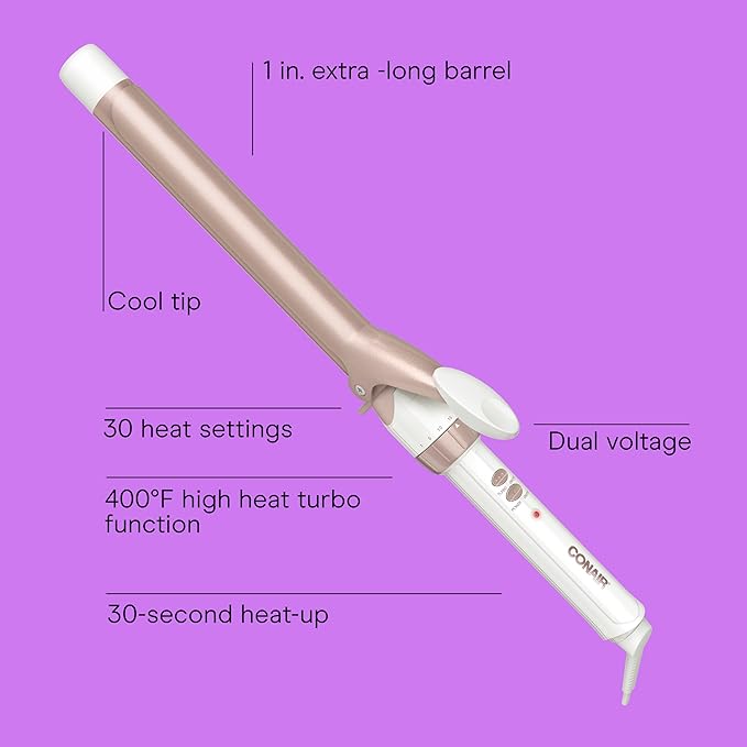 Conair Double Ceramic 1-Inch Long Barrel Curling Iron, 1-Inch Barrel Creates Classic Curls to Loose Waves, Hair Curler for Use on Short, Medium, & Long Hair, White/Rose Gold