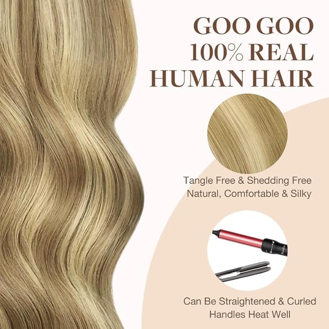 GOO GOO Tape in Hair Extensions Human Hair, 16/22 Light Blonde Highlighted Golden Blonde, 14inch 25g 10pcs, Skin Weft Seamless Invisible, Silky Straight with Thick Ends, Remy Human Hair