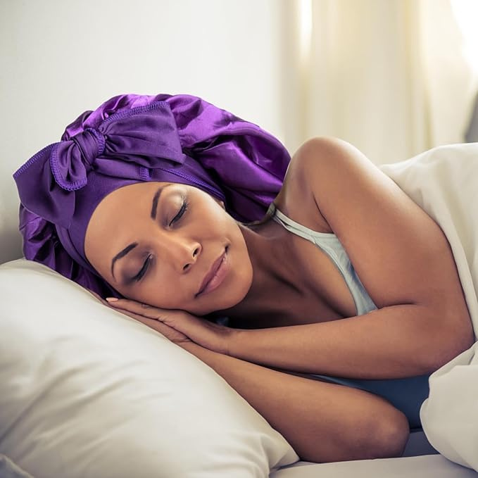 Arqumi Pack of 2 Satin Sleeping Bonnet, Large Sleep Cap with Long Strap, Reduce-Friction Prevent-Frizz Curly Hair, Adjustable Hair Bonnet for Women & Men, Purple+Red