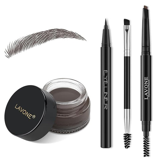 LAVONE Eyebrow Stamp Pencil Kit for Eyebrows Makeup, with Waterproof Eyebrow Pencil, Eyeliner, Eyebrow Pomade, and Dual-ended Eyebrow Brush - Coffee