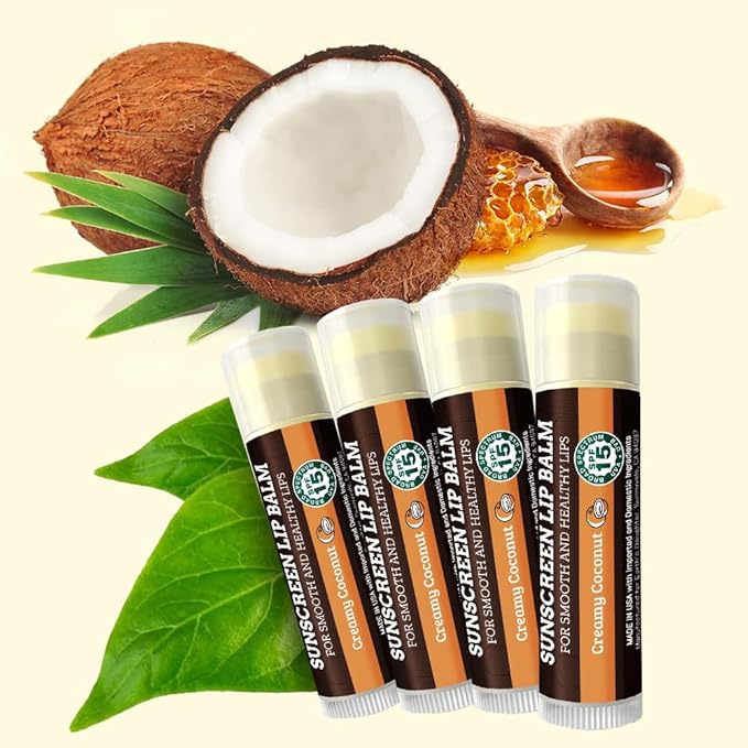 Earth's Daughter SPF Coconut Lip Balm 4-Pack - Lip Sunscreen, SPF 15, Organic Ingredients, Beeswax, Coconut Oil, Vitamin E - Hypoallergenic, Paraben Free, Gluten Free, New