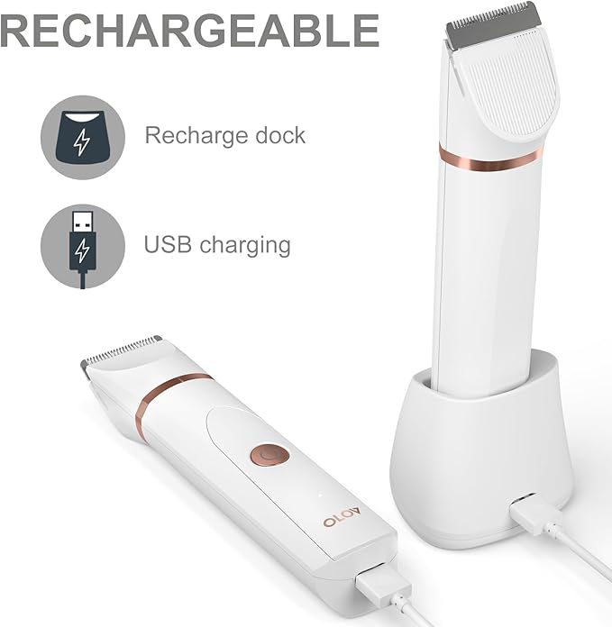 Electric Body Hair Trimmer - Groin Trimmer for Men - Bikini Trimmer Women - Wet/Dry Shaver Groomer, Replaceable Ceramic Blade Heads, USB Recharge Dock, Hygiene Razor, Christmas Gift Wrapping, White