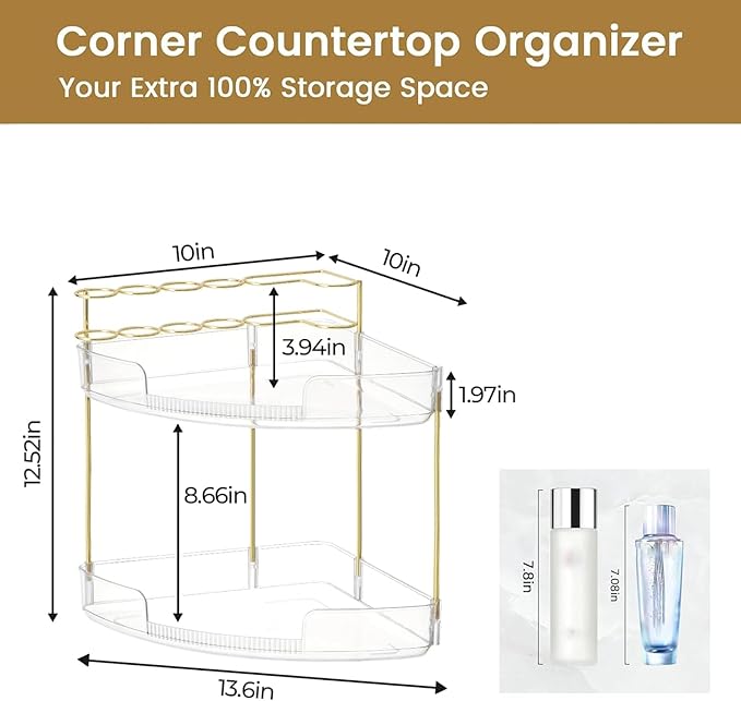 FELIZHOUSE 2-Tier Makeup Organizer for Vanity & Bathroom Countertop – Acrylic Storage Shelf with Perfume Tray & Makeup Brush Holder, Tool-Free Installation, Design for Bathroom & Dresser - Grey