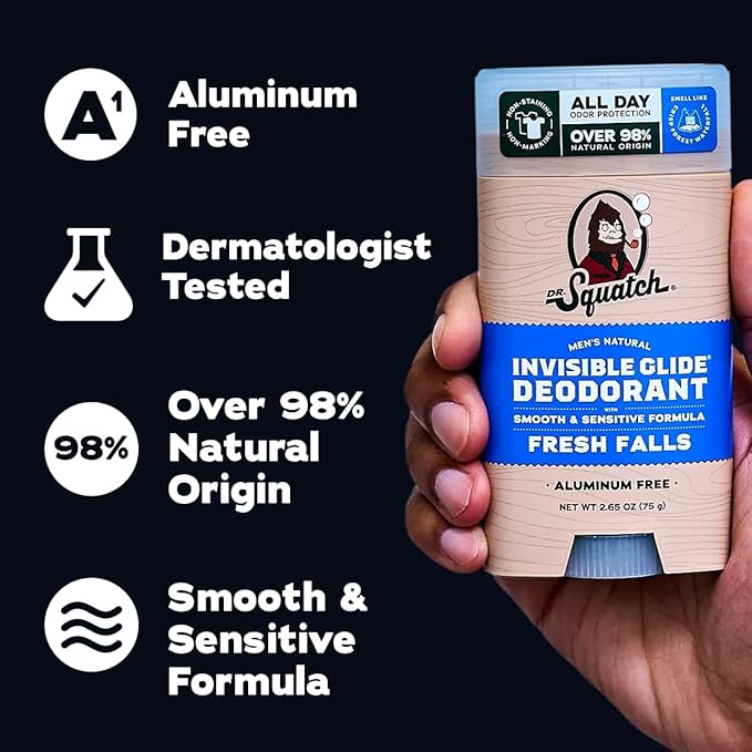Dr. Squatch Invisible Glide Natural Men’s Deodorant – Smooth Glide, No Stains – Aluminum Free Deodorant Men – Safe for Sensitive Skin – Fresh Falls, 2.65oz (2-Pack)