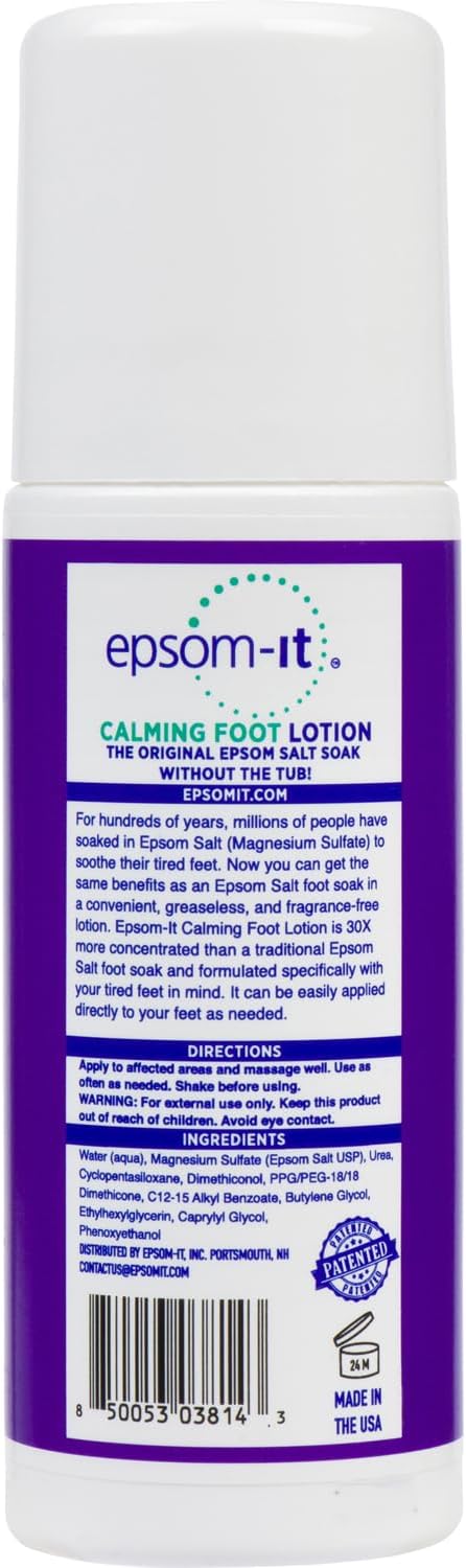 EPSOM-IT Calming Foot Lotion - Roll On Magnesium Sulfate Lotion for Tired Feet & Ankles, Topical Epsom Salt with Urea, Soften Tough Skin and Cracked Heels, Providing Comfort for Legs and Feet 3.0 oz
