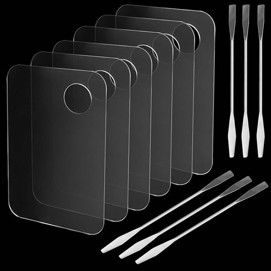 JAPCHET 6 Pcs Acrylic Cosmetic Makeup Palette with 6 pcs Color Mixing Sticks, Makeup Palette Mixing Tray for Painting & Craft