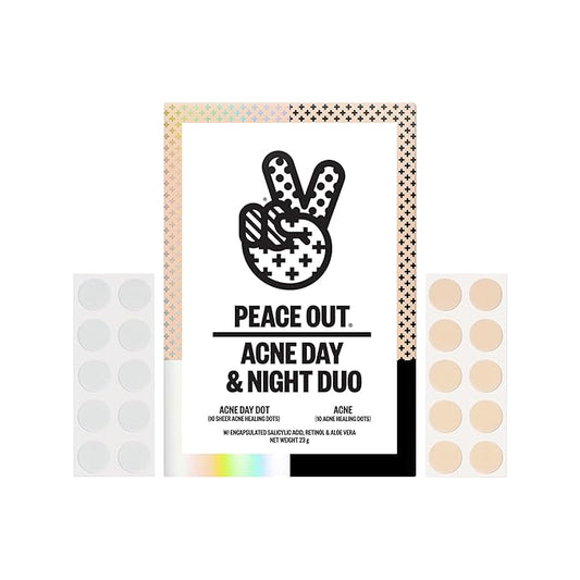 PEACE OUT Acne Day & Night Duo, Invisible Acne Patches for Day + Healing Overnight Acne Treatment, Clear Blemishes Fast with 2% Salicylic Acid, Retinol & Aloe Vera, 20 Dots