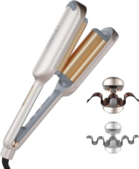 Curling Iron Hair Crimper Waver - TYMO ROVY Beach Waves Curling Wand, Ionic Deep Waver Hair Curler Tool with Ceramic 3 Barrel for Women, Dual Voltage, Anti-Scald, Easy to Use, Elegant Gold, 1.25 Inch