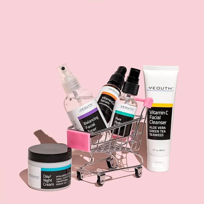 YEOUTH Skin Care Set: Hyaluronic Acid Serum for Face | Vitamin C Facial Serum | Face Cleanser | Skincare Toner & Cream | Hydrating Valentine's Day Skin Care Gift Set 5-Piece