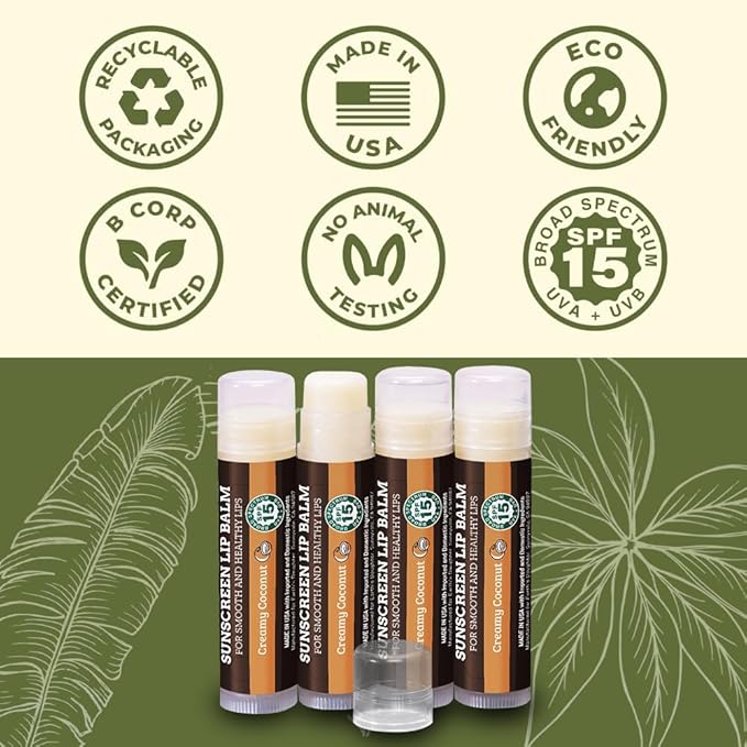 Earth's Daughter SPF Coconut Lip Balm 4-Pack - Lip Sunscreen, SPF 15, Organic Ingredients, Beeswax, Coconut Oil, Vitamin E - Hypoallergenic, Paraben Free, Gluten Free, New