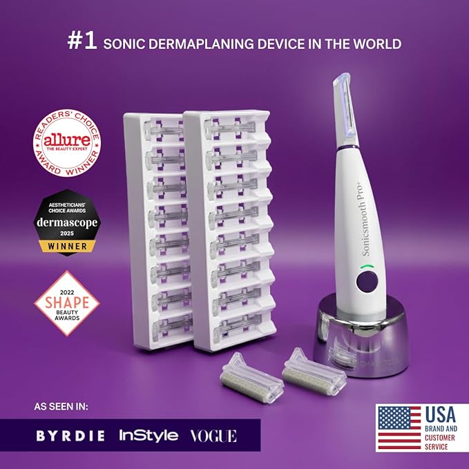 Michael Todd Beauty Sonicsmooth Pro+ Dermaplane Razor for Women Face + Eyebrow trimmer Dermaplaning System w/LED Light Peach Fuzz Remover -16 Dermaplaning Blades & 2 Microsmooth Exfoliation Tips