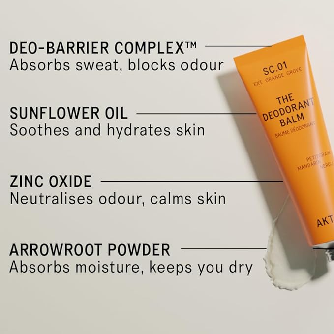 AKT, THE DEODORANT BALM. Award winning, multi-use, natural deodorant. Plastic Free. Gender Free. Aluminium Free. 100% effective — 1 tube lasts up to 3 months. SC.01 ORANGE GROVE. 50ml/1.76 FL.OZ