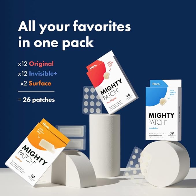 Mighty Patch™ Variety Pack from Hero Cosmetics - Hydrocolloid Acne Pimple Patches for Covering Zits and Blemishes, Spot Stickers for Face and Skin, Korean Skin Care, 26 ct