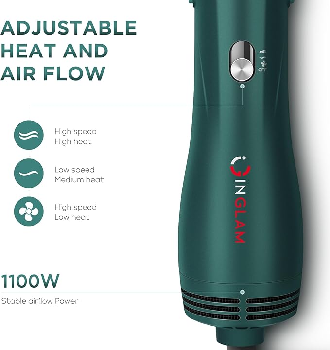 IG INGLAM Hair Dryer Brush, 4-in-1 Detachable Blow Dryer Brush, Ionic Diffuser Hair Dryer & Styler Volumizer with Oval Titanium Barrel, One-Step Hot Air Blowout Styler, Dark Green