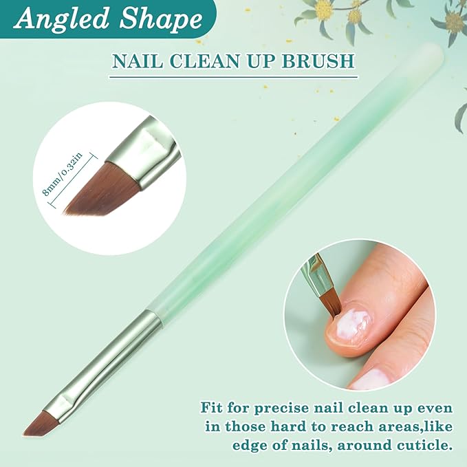 Green Nail Art Clean Up Brushes for Cleaning Polish Mistakes on the Cuticles, Acetone Resistant Nail Brush, Fingernail Cleaning Brushes for Nail Art and Designs (Round&flat&Bevel)