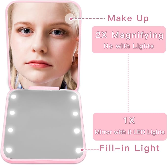 Personalized LED Travel Compact Mirror for Purses, Pearl Initial Letter 1X/2X Magnification Small Makeup Mirror with Lights Pink Portable Pocket Mirror Sister Bridesmaid Mom Gifts (H)