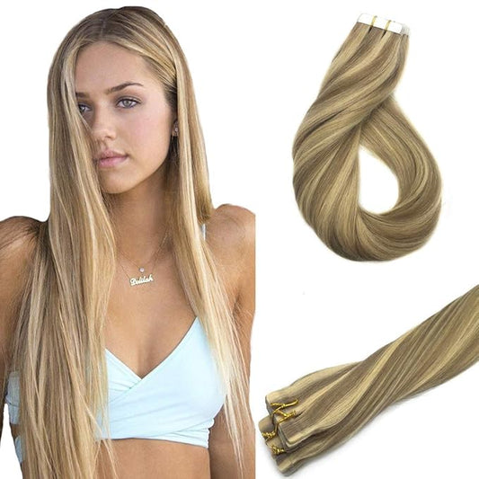 GOO GOO Tape in Hair Extensions Human Hair, 16/22 Light Blonde Highlighted Golden Blonde, 18inch 50g 20pcs, Skin Weft Seamless Invisible, Silky Straight with Thick Ends, Remy Human Hair