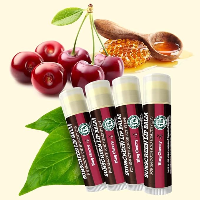 Earth's Daughter SPF Lip Balm Cherry Flavor 4-Pack - Lip Sunscreen, SPF 15, Organic Ingredients, Beeswax, Coconut Oil, Vitamin E - Hypoallergenic, Paraben Free, Gluten Free