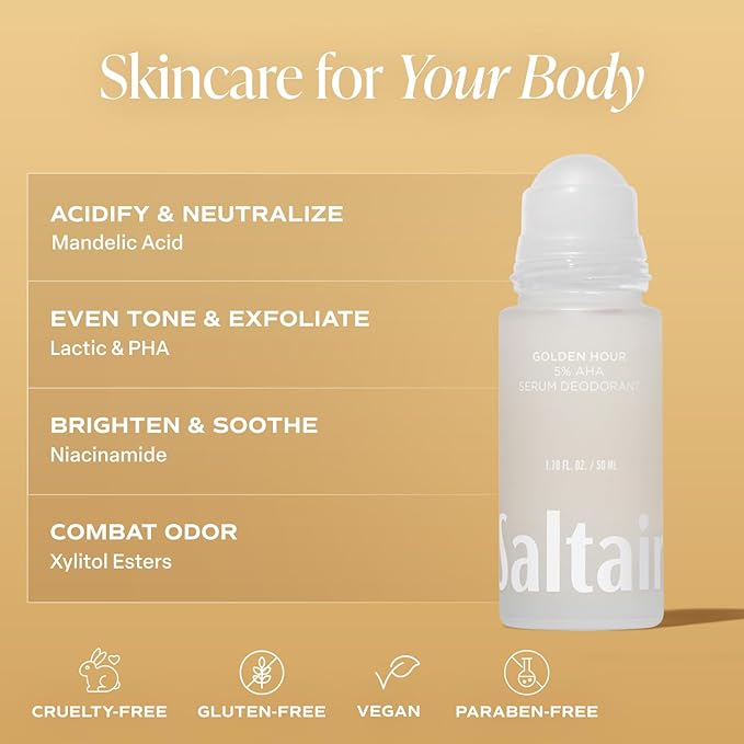Saltair Serum Deodorant Golden Hour 2 Pack. 5% AHA Formula. Lactic Acid and Mandelic Acid Deodorant. Aluminum Free Odor Control for Women and Men. Travel Essentials, 2x 1.7oz Roll On
