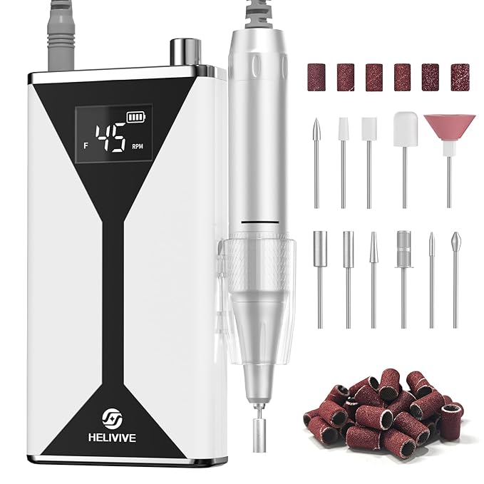 Professional Electric Nail Drill 45000RPM (Portable & Rechargeable) (with 11 Drill Bits ) Cordless Nail File Machine for Shaping, Polishing & Removing Gel Nails for Salon Home (White)