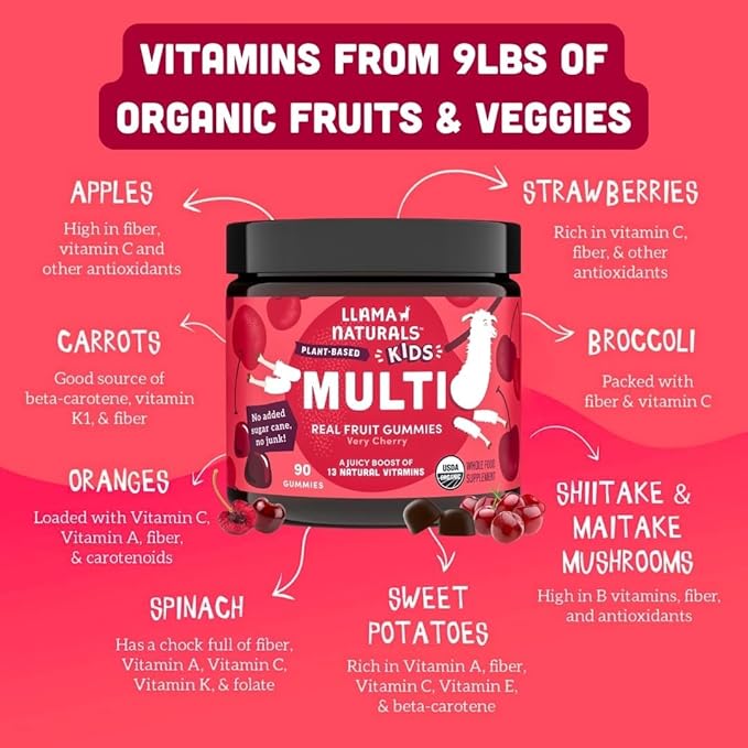 Llama Naturals Kids Multivitamin Gummies | Real Fruit, No Added Sugar Cane | Organic Vegan Toddler Whole Food Vitamins | Vitamin D, C & Beta Carotene Gummy Supplement | Cherry 90 Ct (1-2 Months)