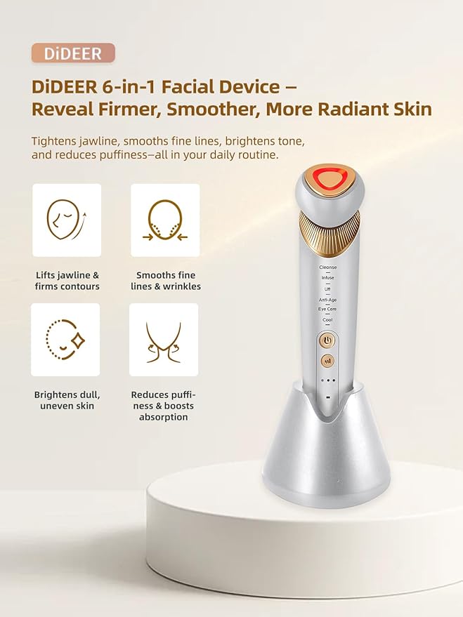 6-in-1 Age-Defying - Eye, Face & Neck Lift & Firm, 5-Color Light Therapy for Face with Microcurrent, Vibration, Heat & Cooling, Skin Care Tool for Youthful & Tightening Skin (White)