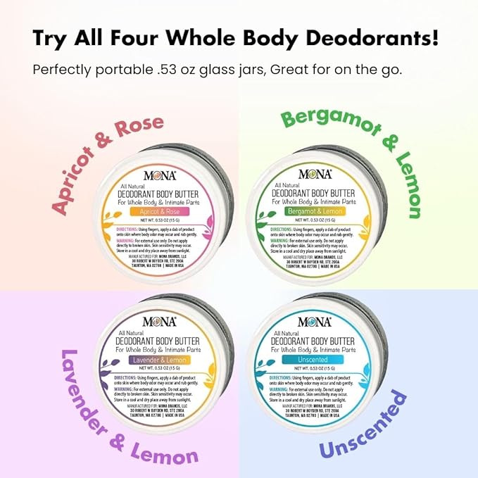 MONA Travel Size All Natural Whole Body Deodorant Cream for Women & Men | For Private Parts | Aluminum & Baking Soda Free | (4-PK Travel Size Combo (0.53 Oz each), Natural Scents)