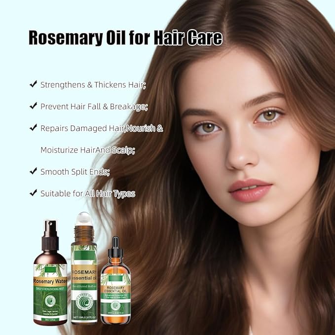 Rosemary Hair Care Gift Set with Essential Oil,Spray and Roller,Rosemary Hair Oil Kit for Strengthening,Nourishing,Scalp Care,Restoration Damaged Hair and Hair Thickness,Gift Box Packaging