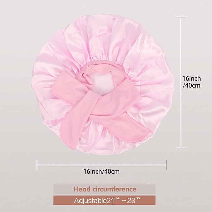 Arqumi Pack of 2 Satin Sleeping Bonnet, Large Sleep Bonnet with Long Strap, Adjustable Sleep Cap Hair Bonnet for Women & Men, Black+Pink