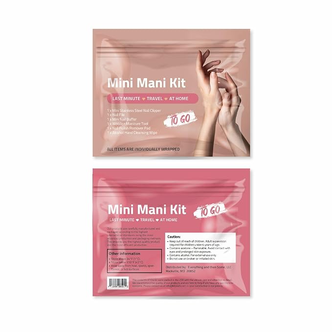 Mini Mani Kit – Disposable Manicure Set with Nail Clipper, File, Buffer, Cuticle Stick & Polish Remover Pad – Compact One-Time Use Nail Care Kit for Travel, Purse, Desk, or Car (Pink)