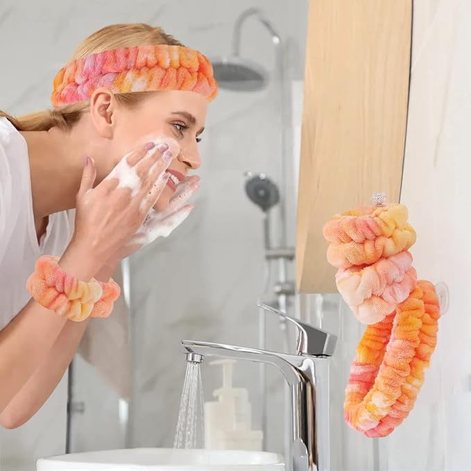 Face Wash Headband and Wristband Set of 2, Microfiber, Green and Orange, for Women, Personal Care Accessories