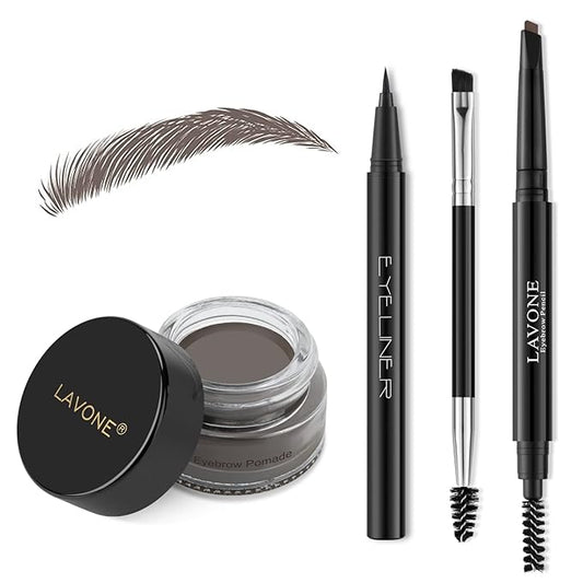 LAVONE Eyebrow Stamp Pencil Kit for Eyebrows, Makeup Brow Stamp Trio Kit with Waterproof Eyebrow Pencil, Eyeliner, Eyebrow Pomade, and Dual-ended Eyebrow Brush - Ebony