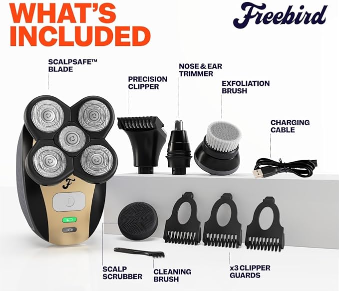 Freebird FlexSeries Electric Head & Body Hair Shaver, Mens Cordless Rechargeable Wet & Dry Skull, Bald Head, Back, Groin Waterproof Razor (FlexSeries, Shaver Kit with Travel Case)