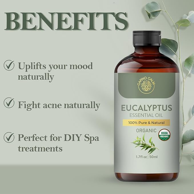Eucalyptus Essential Oil | USDA Certified Organic Eucalyptus Oil | Ideal for Aromatherapy Skin and Hair | for Diffuser & DIY Uses | 1.7 fl. Oz