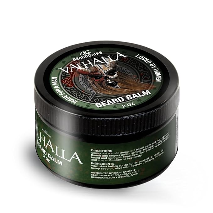 Beard Gains Medium Butter Hold Scented Balm for Men 2oz | Valhalla Luxury Vikings Conditioner | Style, Groom & Grow Facial Hairs W/Organic and Natural Product | MADE IN USA