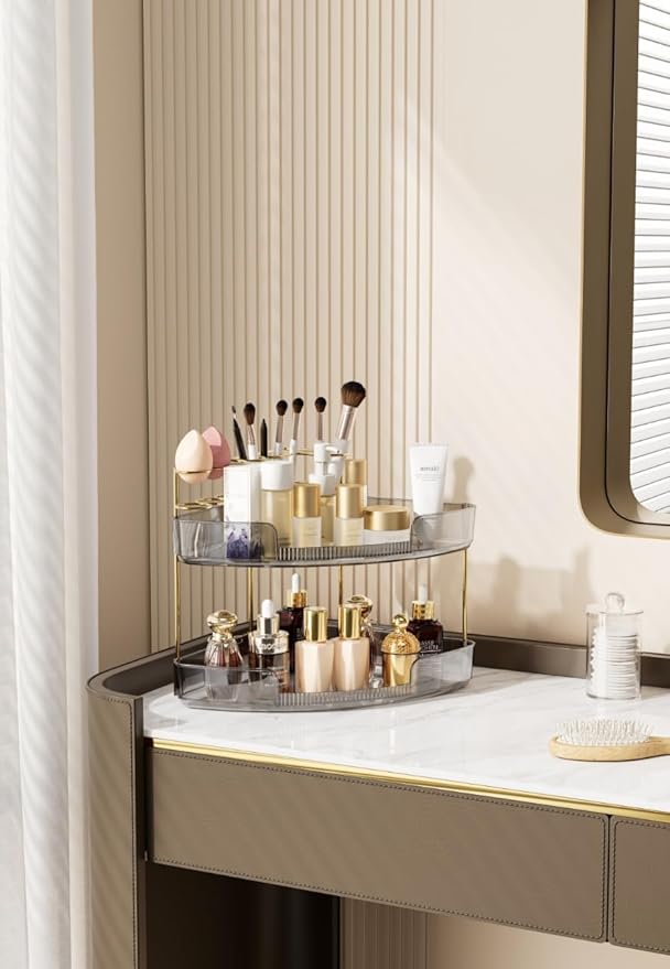 FELIZHOUSE 2-Tier Makeup Organizer for Vanity & Bathroom Countertop – Acrylic Storage Shelf with Perfume Tray & Makeup Brush Holder, Tool-Free Installation, Design for Bathroom & Dresser - Grey
