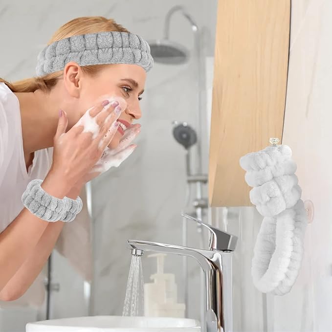 Face Washing Headband and Wristband Set of 2, Microfiber Spa Wristbands with Holder, Absorbent Wrist Scrunchies