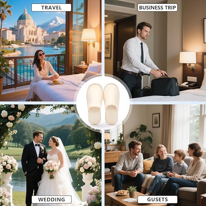 SIMEIER 6 Pairs Gray Spa Slippers for Guests, Disposable & Reusable Non-Slip Hotel Slippers with Storage Bag, Soft Cotton Guest Slippers for Women & Men, Non-Slip for Home, Gym, Bridal Party