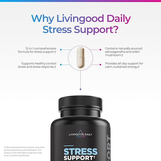 Livingood Daily Stress Support, 12-in-1 Supplement with Ashwagandha, Reishi Mushroom, Vitamin B6, Adaptogenic Herbs & Magnesium, Supports Mood & Calm, Gluten Free, Vegan, 60 Vegetarian Capsules