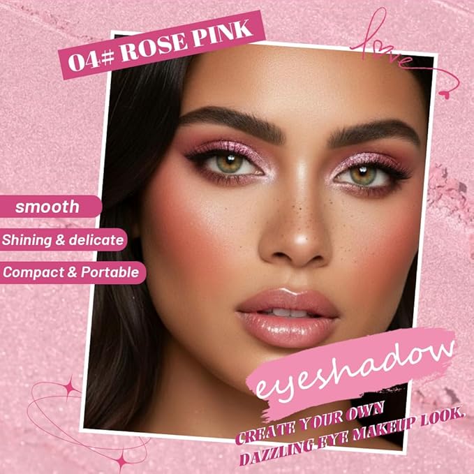 Sparkly Eyeshadow Palette for Women, Single Monochrome Eye Shadow Makeup, Shiny Pressed Cream Powder, Blendable Natural sombras para ojos, Holographic,Vegan,Travel (04-Glitter-Rose Pink)