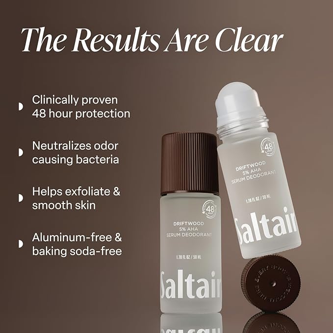 Saltair Serum Deodorant Driftwood 2 Pack. 5% AHA Formula. Lactic Acid and Mandelic Acid Deodorant. Aluminum-Free Odor Control for Women and Men. Travel Essentials, 2x 1.7oz Roll On