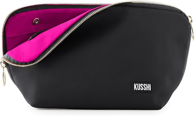 KUSSHI Washable Travel Makeup & Cosmetic Bag - Brush Organizer Sold Separately (Signature, Satin Black/Pink)