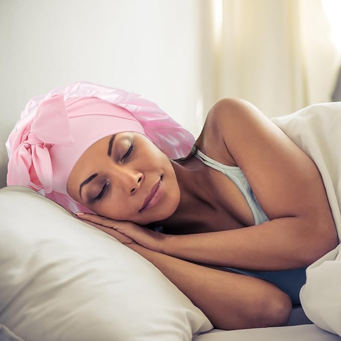Arqumi Pack of 2 Satin Sleeping Bonnet, Large Sleep Bonnet with Long Strap, Adjustable Sleep Cap Hair Bonnet for Women & Men, Black+Pink