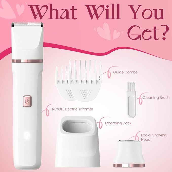 Bikini Trimmer for Women - Electric Razors for Women's Body Groomer, Replaceable Ceramic Blade Heads, Face Hair Remover Head, USB-C&Dock Charging, Waterproof&Easy Cleaning White