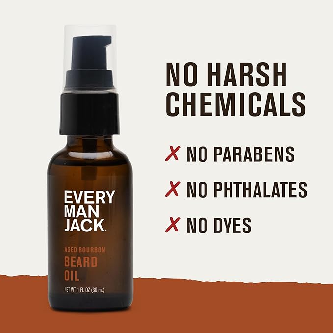 Every Man Jack Men's Beard Oil - Aged Bourbon Fragrance - Deeply Moisturizes and Softens Your Beard and Adds a Natural Shine - Naturally Derived with Shea Butter and Argan Oil - 1 fl oz