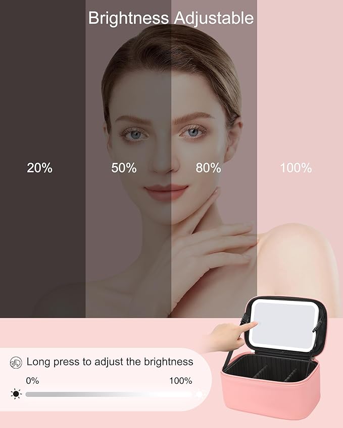 Makeup Bag With LED Mirror, Travel Makeup Bag With 3 Color Setting Light Up Mirror Cosmetic Makeup Organizer Vanity Case for Women Beauty Tools Accessories Rechargeable Makeup Travel Bag - Pink