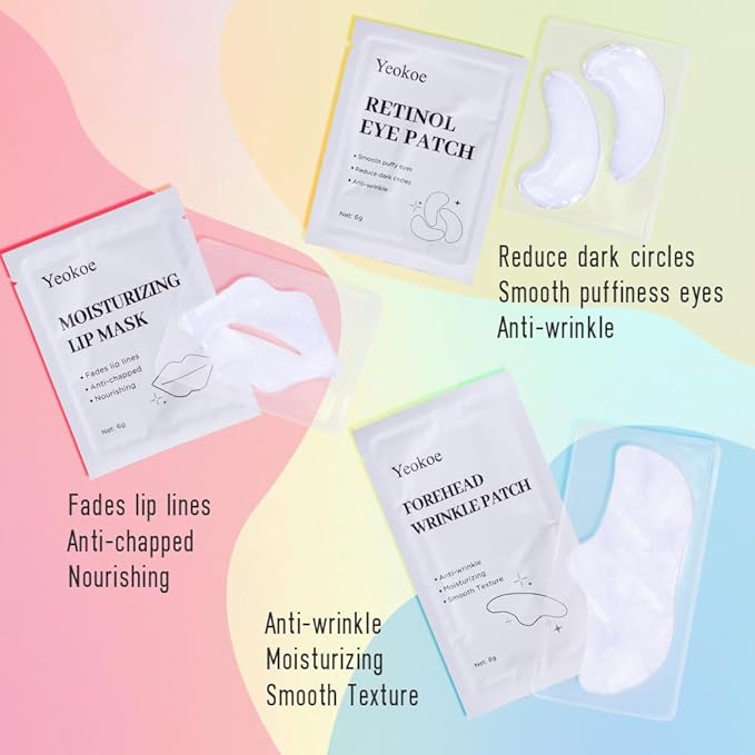 Yeokoe Forehead Wrinkle Patches,Under Eye Patches and Lip Mask 30 PCS. Face Masks Skincare With Retinol Serum For Anti-aging Puffy Eyes and Dark Circles