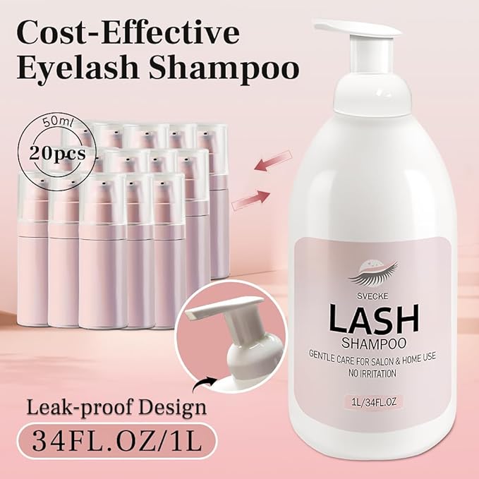 Lash Shampoo 34fl.oz/1L, Eyelash Shampoo for Lash Extension, Eyelash Extension Cleanser, Lash Eyelid Foam Cleaning Kit for Salon Use and Home Use